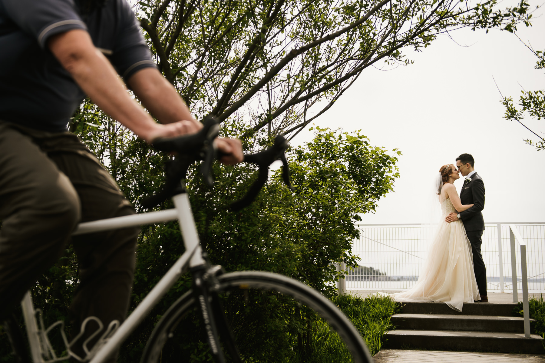 creative bike pedestrian wedding portrait
