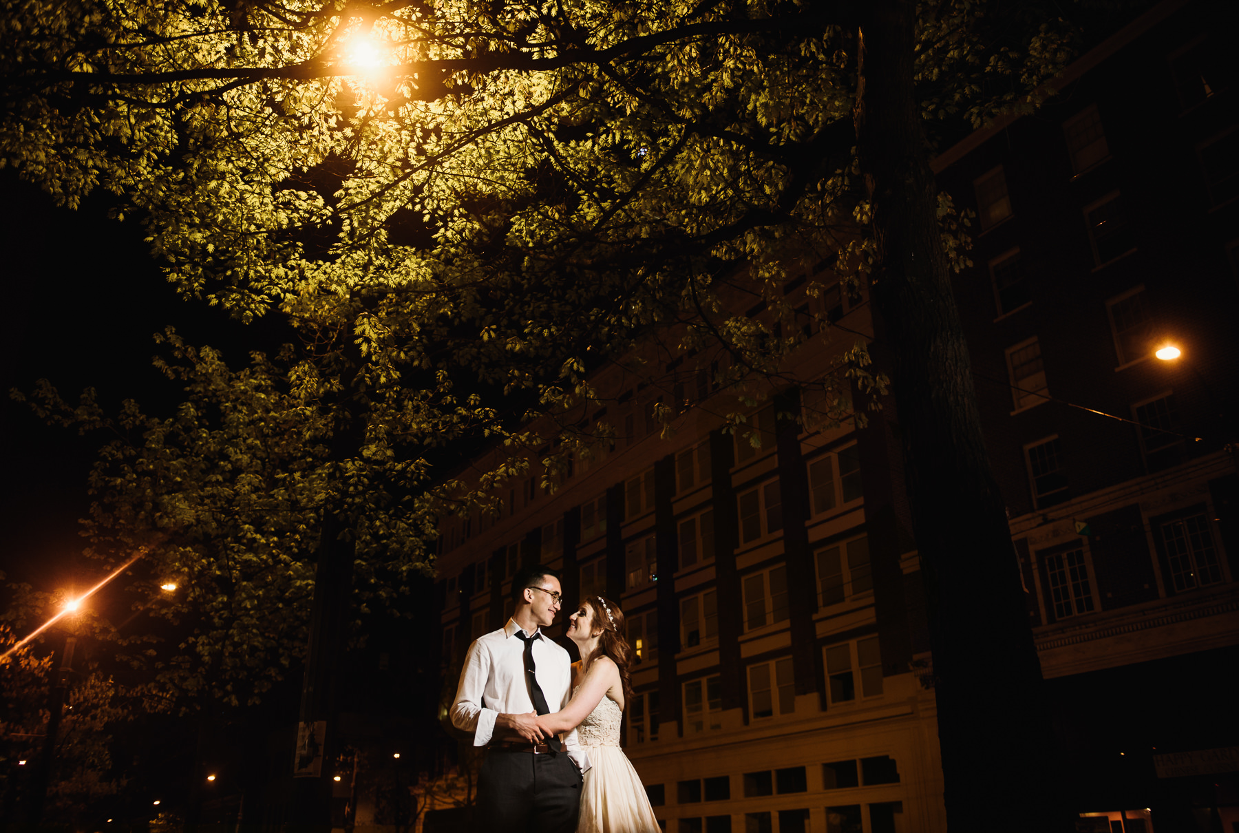 bride and groom seattle urban night portrait