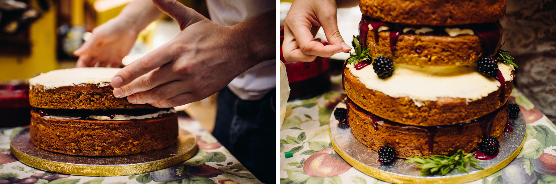 bride making wedding cake