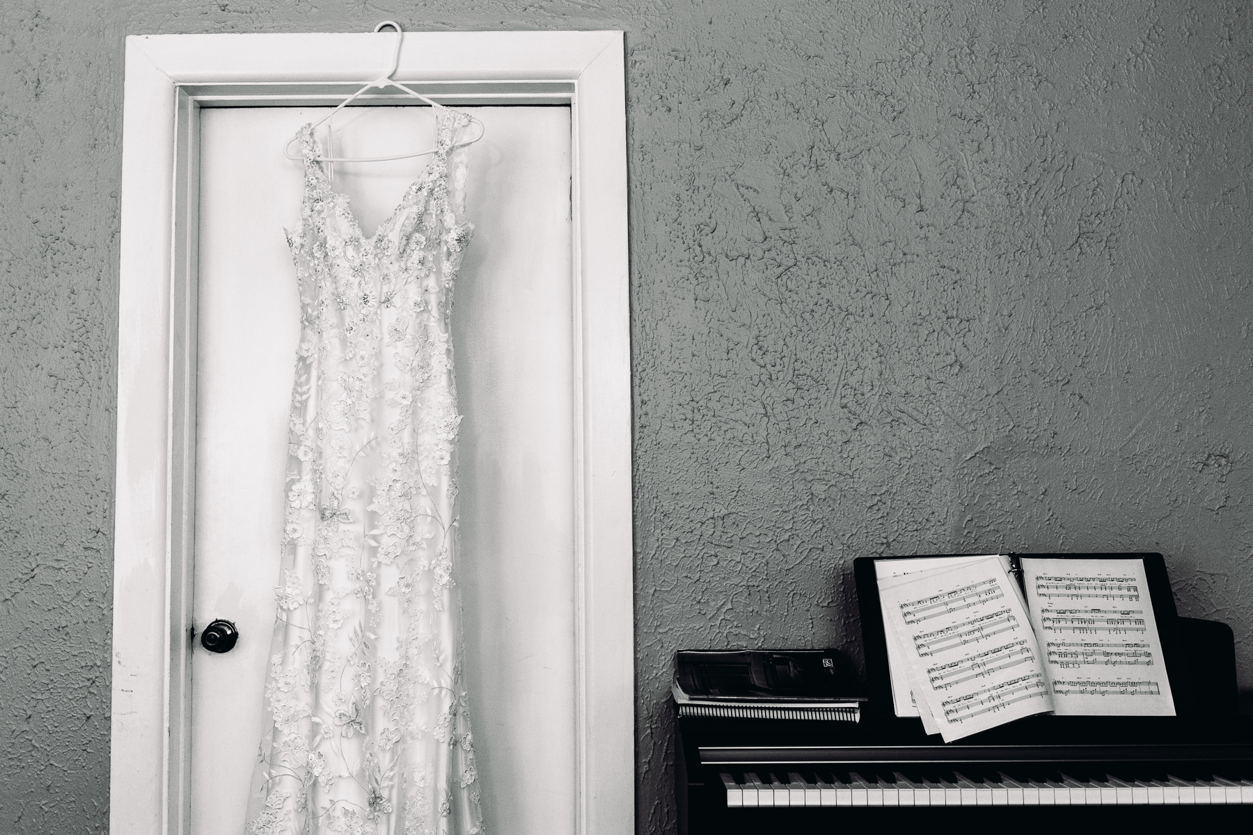 wedding dress and piano