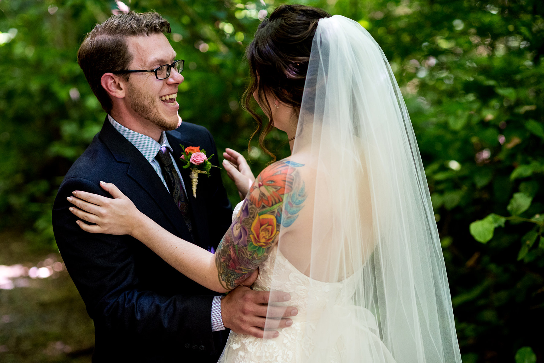 Bellingham backyard wedding groom first look reaction