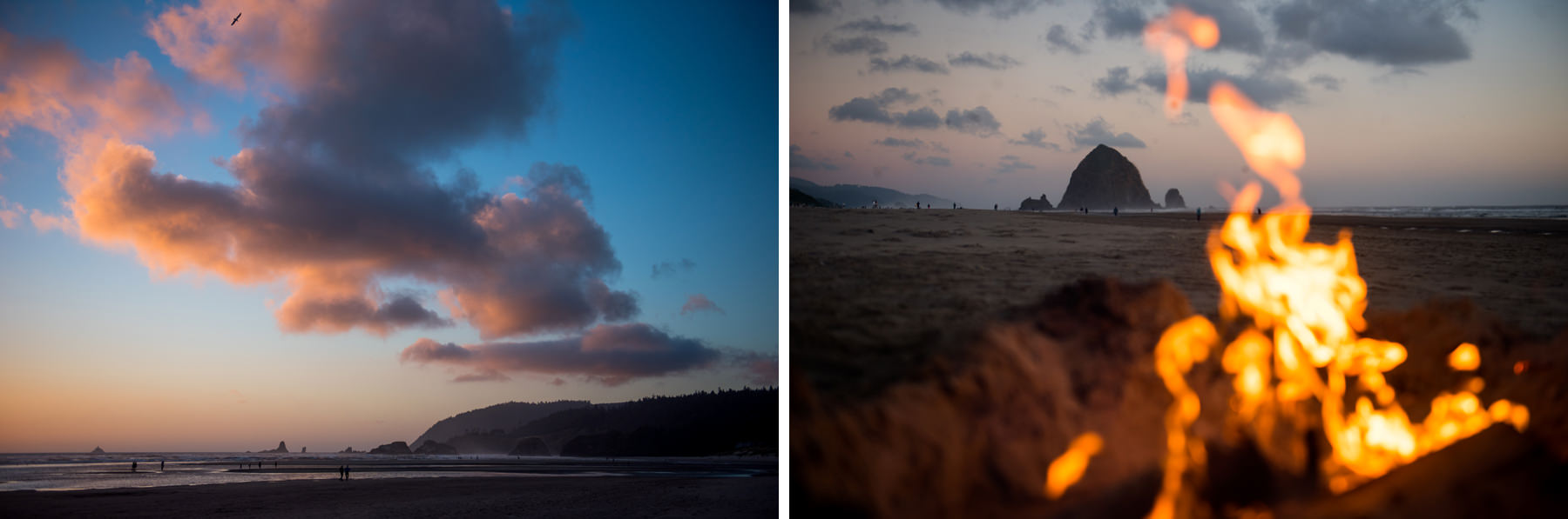 oregon coast sunset with campfire