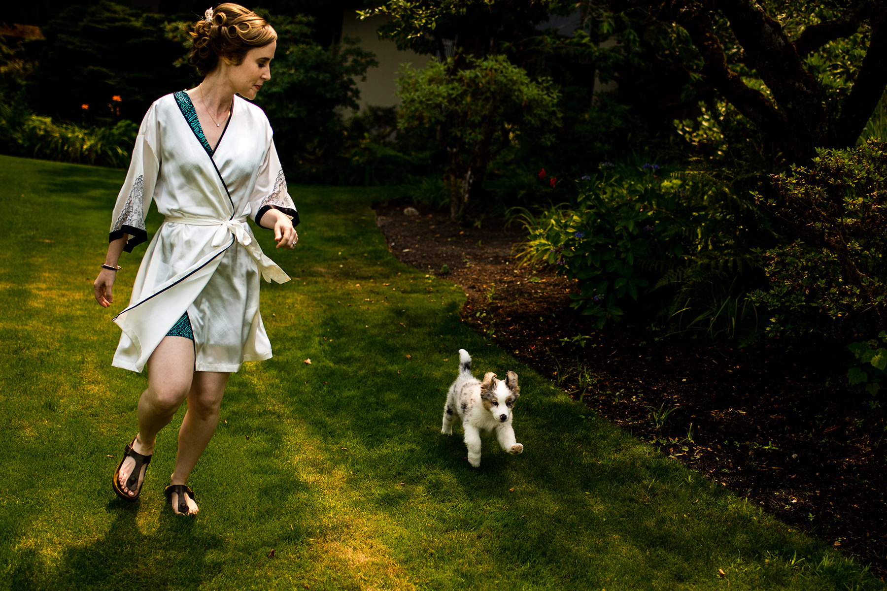 bride and puppy running